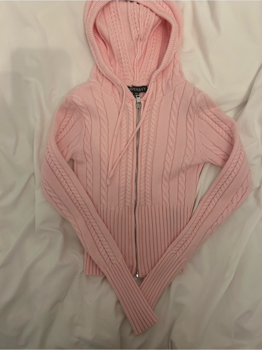 Harper&Ivy Pastel Pink Cable-Knit Zip Hoodie Cardigan